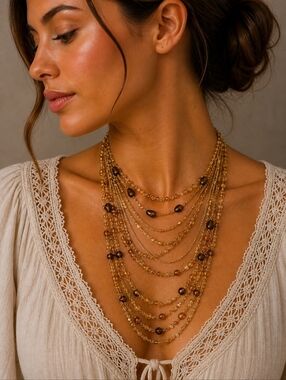 NANCY & RISE 1980s Ambertone Beaded Chain Layered Western Festival Necklace